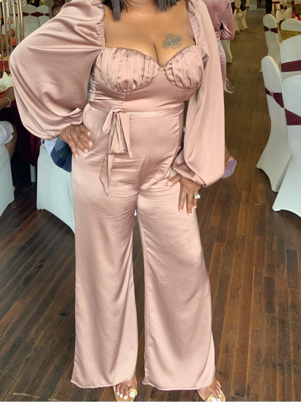 Satin Blush Pink Wide-Leg Jumpsuit with Puff Sleeves
